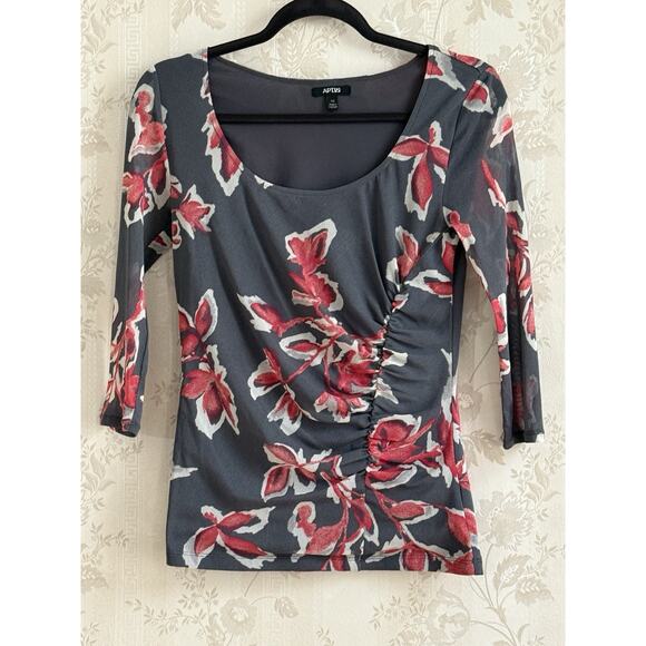 Vtg Y2K APT. 9 Sz XS Mesh‎ Floral Ruched Top Sheer Stretch Blouse - Picture 1 of 8